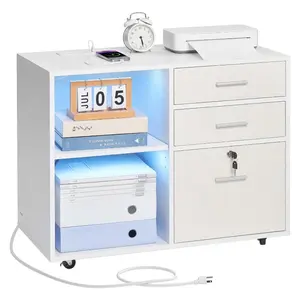 SummerWins3-Drawer Wooden File Cabinet, Mobile Lockable Rolling Storage with LED Light Strips & Key Lock, 5-Wheel Unit with Adjustable Shelves, Free-Standing Printer Stand for Home Officedealsforyoudays