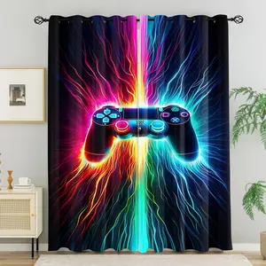 2pcs Neon Electric Gaming Controller Print Curtains, Pair Opening Decorative Curtains for Bedroom, Adjustable Decorative Curtains With Higher Shading Rate, Sunscreen and Thermal Insulation Grommet Curtains, Healthy and Eco-Friendly