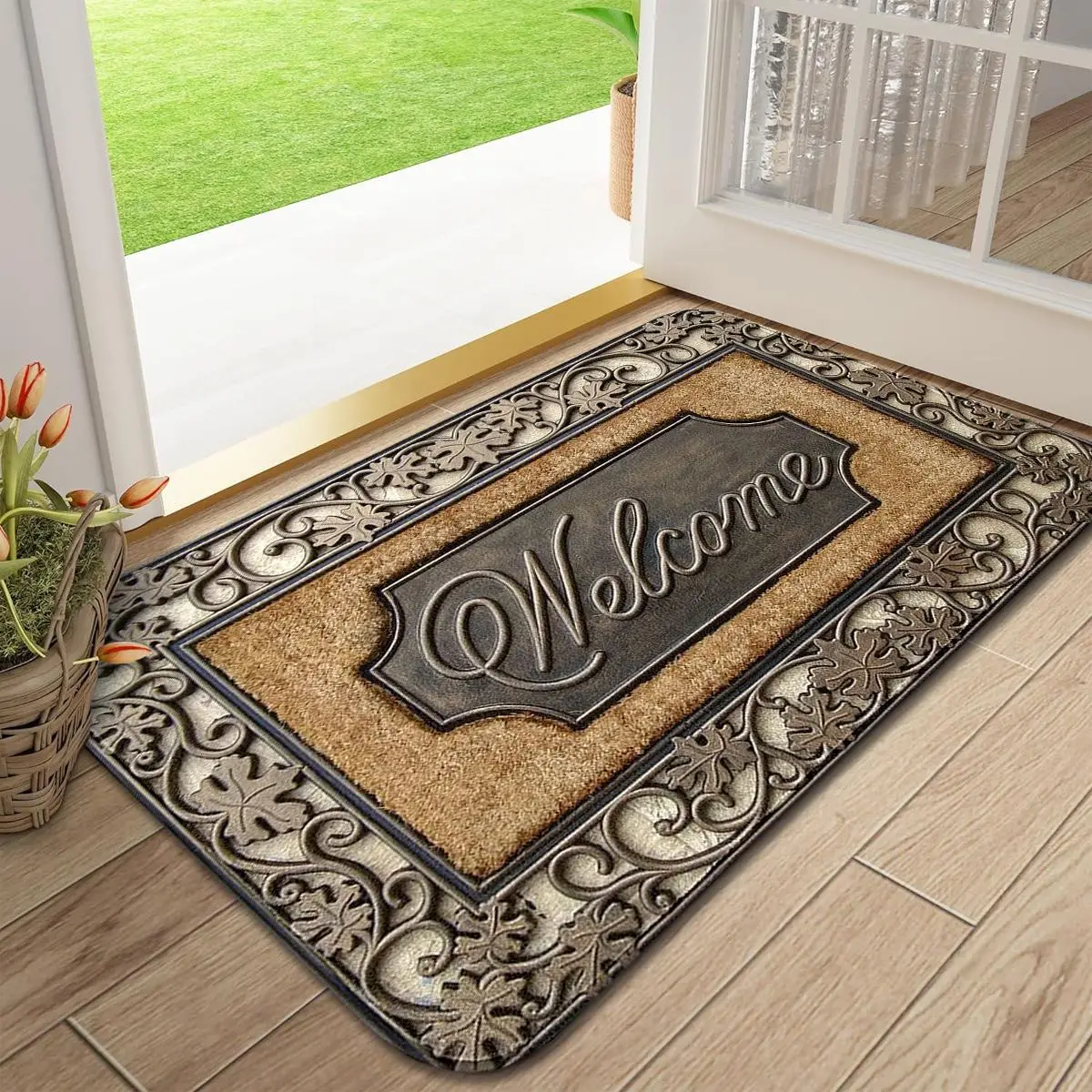 Floral/marble Pattern Welcome Door Mat, 1 Count Non-slip Soft Floor Mat, Decorative Absorbent Carpet for Home Living Room Bedroom Bathroom, Vanity De