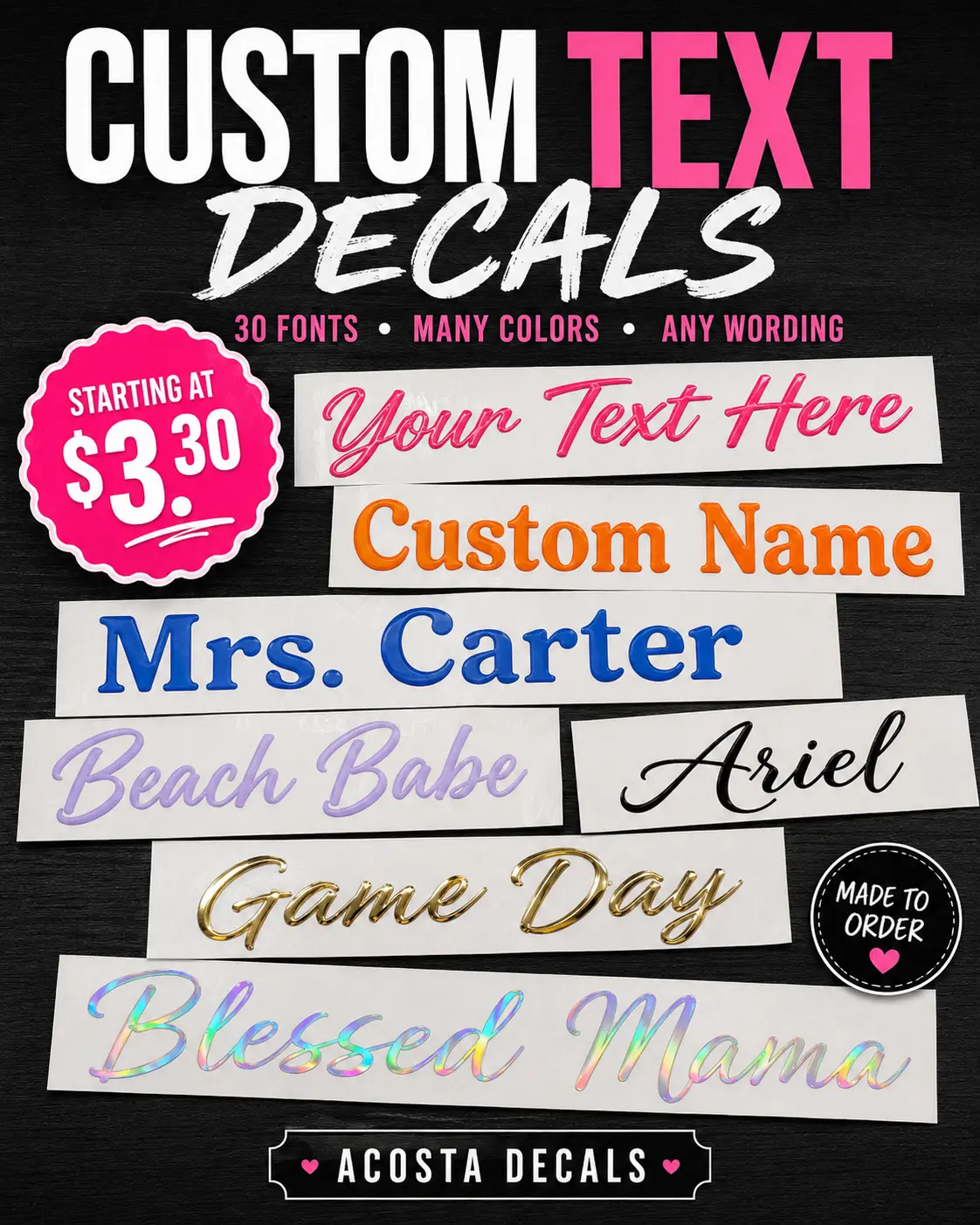 CUSTOM TEXT Vinyl Decal – Personalized Name, Words or Phrase – Choose Size, Font & Color