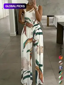 Women's Floral Print Ring Linked Asymmetrical Neck Sleeveless Fitted Plicated Jumpsuit, Boho Casual High Waist Wide Leg Jumpsuit for Summer