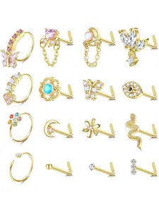16Pcs 20G Nose Rings Dangle Nose Ring L Shaped for Women Men Stainless Steel Dangling Heart Butterfly Moon CZ Nose Rings Hoops Studs Nose Piercing Jewelry Gold Rose Gold Silver Black