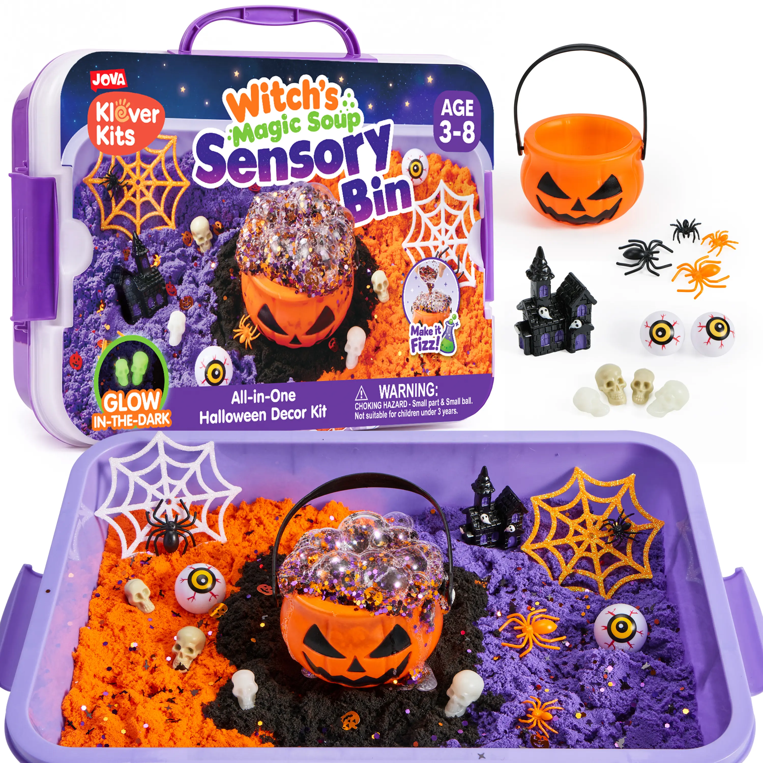 JOYA Klever Kits Witch's Magic Soup Sensory Bin — Halloween Sensory Play Kit with Fizzing Potion, Kinetic Sand, Glow-in-the-Dark Skulls, 4 Ways to Play, All-in-One Storage Box, Ages 3-8