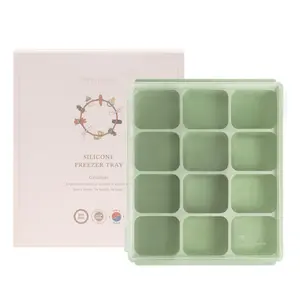 Freezer Tray,   Storage Cubes with Clip- Lid, Freeze  , Soups, Purees, Ice, Easy and Safe Design,   (12, Celadon Green)