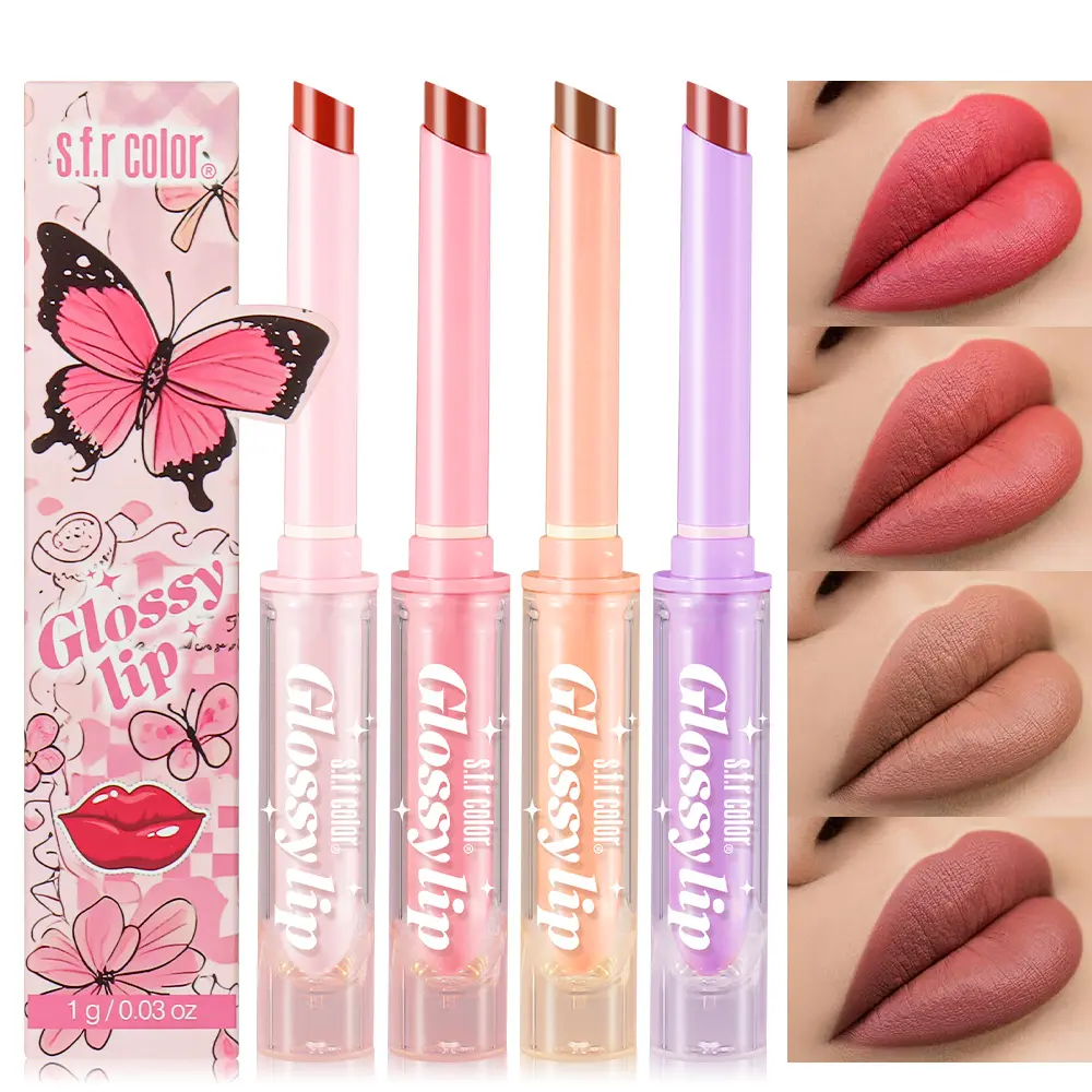 Set of 4: Stay Shine Lipstick (smooth finish), Mirror Lip Glaze, Glossy Lip Stain, Hydrating Oil. Transfer-proof, waterproof, long-lasting, buildable color, moisturizing shine, resists fading while hydrating, refreshing look.