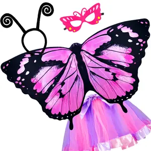 Butterfly Fairy Costume Set for Girls - Wings Mask Dress 4-Piece Outfit, Halloween Cosplay, pink Glitter Fabric, One Size Fits 3-9 Years, Lightweight & Comfortable Design