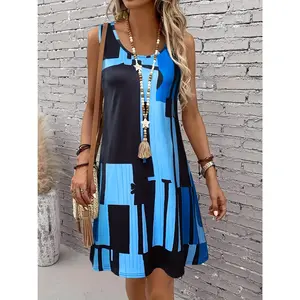 Women's Geometric Print Sleeveless Dress - Abstract Earth Tone Color Block, Round Neck, Machine Washable, Spring/Summer Casual Vacation Dress, Summer Outfit, Nontransparent Fabric