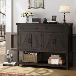 Buffet Sideboard Cabinet with Storage, 47.2" Modern Farmhouse Coffee Bar with 2 Drawers, Barn Door Console Table with Shelf for Kitchen, Dining Room, Living Room, Entryway (Dark Brown)