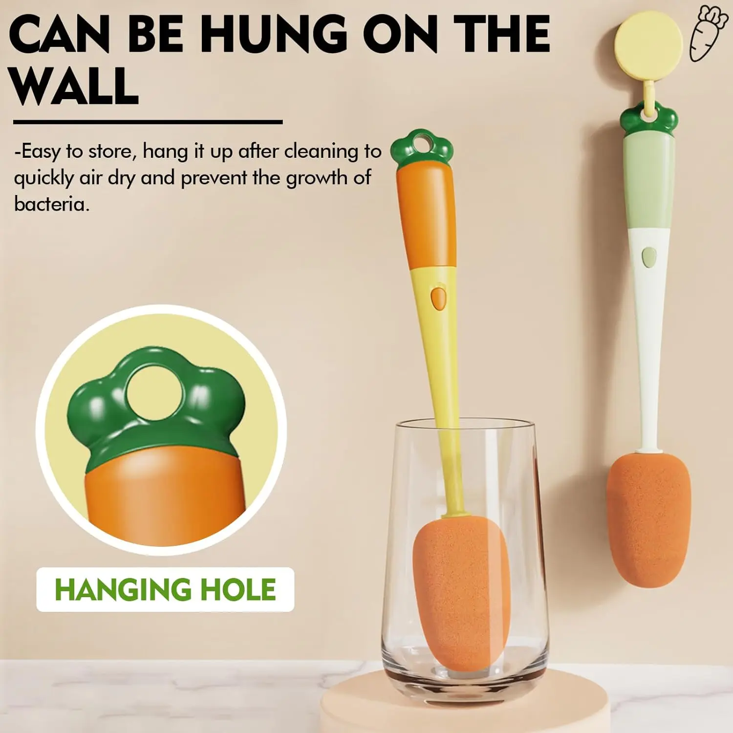 3-in-1 Carrot Bottle Brush Cleaner, Multifunctional Cup Lid Gap Cleaning Tool with U-Shaped Silicone Head & Crevice Bristles, Detachable Sponge Scrubber for Baby Bottles, Thermos & Glassware