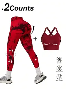 2 Counts Women's High-Elasticity Workout Set with Detachable Chest Pad Cross-Strap Sports Bra & Tie-Dyed High-Waisted Yoga Leggings for Gym