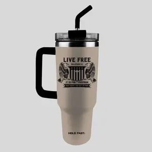 HOLD FAST 40 oz Stainless Steel Vacuum Flask with Silicone Straw, Plastic Lid, Peace-Themed Design for Outdoor Use, Live Free Drinkware