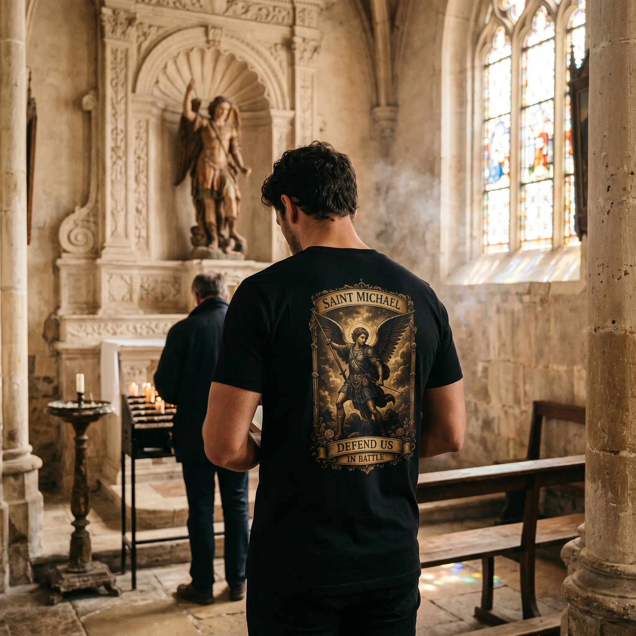 Saint Michael Heavyweight Christian T-Shirt | Vintage Catholic Graphic Tee | Walk With Saint Michael | Faith Apparel