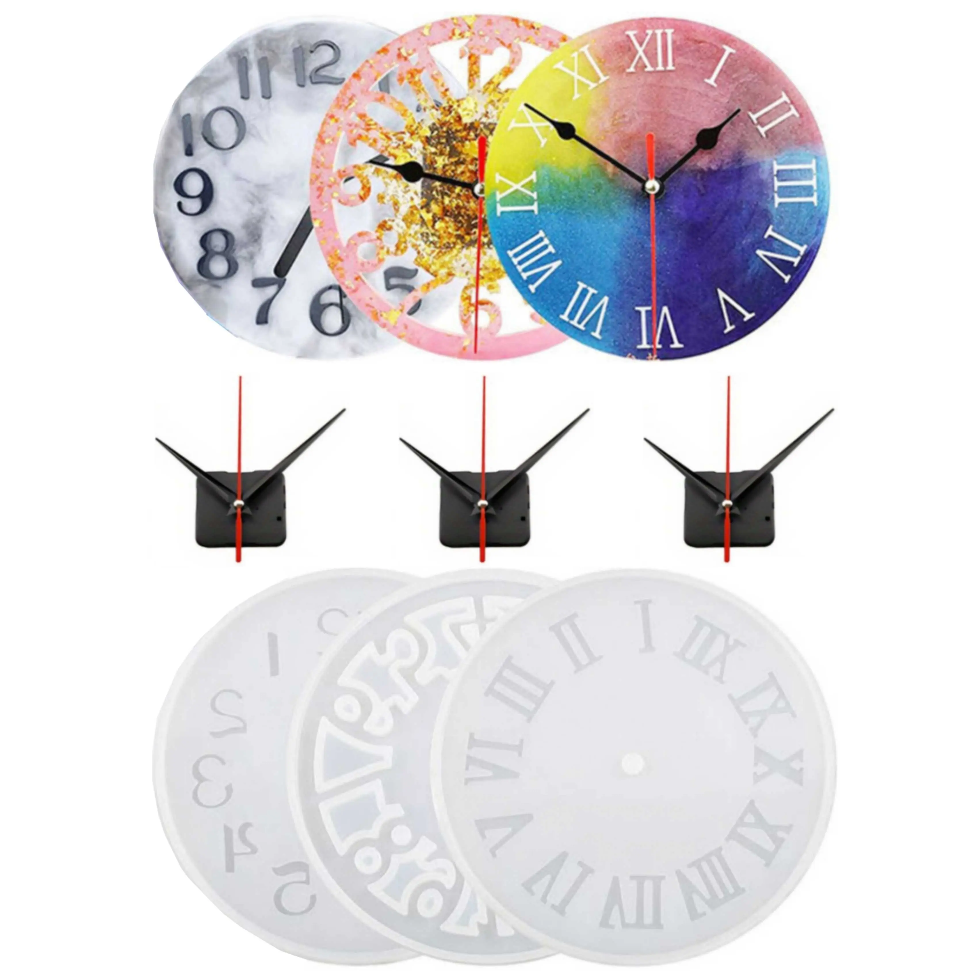 6pcs (3pcs Clock Molds And 3pcs Hand Sets) Clock Resin Molds, Large Roman Numeral/Arabic Numeral/Silicone Molds Resin Clock Molds, Glue Wall Decoration Art (3pcs Large Clock Molds And Clock Movement), Making 3 Sets of Different Styles Clocks