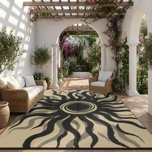 Bohemian Sun Pattern Outdoor Rug Double-Sided Reversible Plastic Straw Woven Washable Waterproof Foldable for Beaches RVs Balconies Patios Picnics absorbent rug