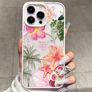 Tropical floral pattern hibiscus palm leaves starfish sea turtle design transparent drop-resistant protective case, suitable for iPhone 17/16/15/14/13/12/11/X/XS/XSMAX, ideal as a holiday gift for friends, family, and yourself