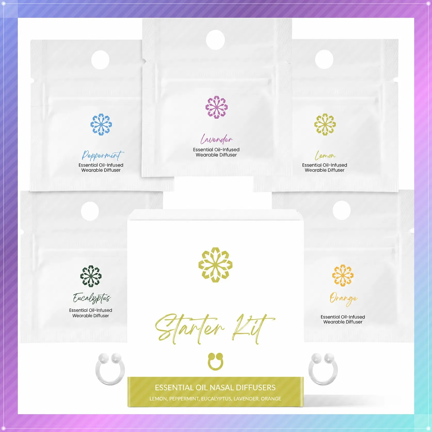 Essence Starter Kit 5 Pack Bundle - Includes Lavender, Peppermint, Orange, Lemon, & Eucalyptus Nasal Diffuser Rings Healthcare Fitness Wellness