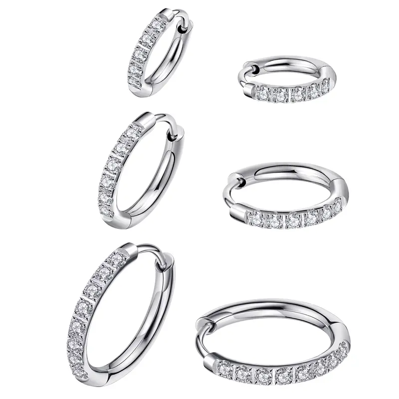 ENVYOU Women's 3-Pair Huggie Earring Sets - Dainty Lightweight 316L Surgical Steel Clicker Hoops, Hypoallergenic 8/10/12mm Geometric Minimalist Artificial Zircon Antitarnish Plated Cartilage Earrings for Daily Wear, Birthday Gift