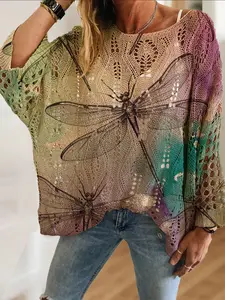 Spring Summer Women's Shoulder Cut Batwing Sleeve Knit Top, Watercolor Dragonfly Animal Print, Lightweight Breathable Long Sleeve