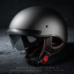 Motorcycle Half Helmet with Drop-Down Sun Visor | Lightweight Cruiser & Scooter Helmet with Leather Trim