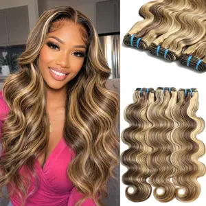 LUCKSTAR #Summervibes 4/27/613 Body Wave Bundles Human Hair Highlight Ombre Brown Honey Blonde 613 Bundles Hair Weave Bundles for Sew In and Quick Wave Human Hair Extensions 100% Human Hair Extensions Colored Human Hair Bundles