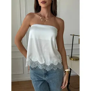 Women White Strapless Tube Top Lace Trim Satin Cami Sleeveless Bandeau Blouse Elegant Loose Fit Summer Casual Chic Vacation Beach Party Date Night Streetwear Fashion Y2K Minimalist Feminine Womenswear Top