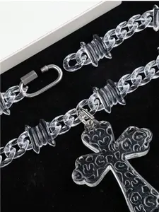 1pc Cross Pendant Necklace With Transparent Multicolor Acrylic Thorn Chain, Suitable For Men