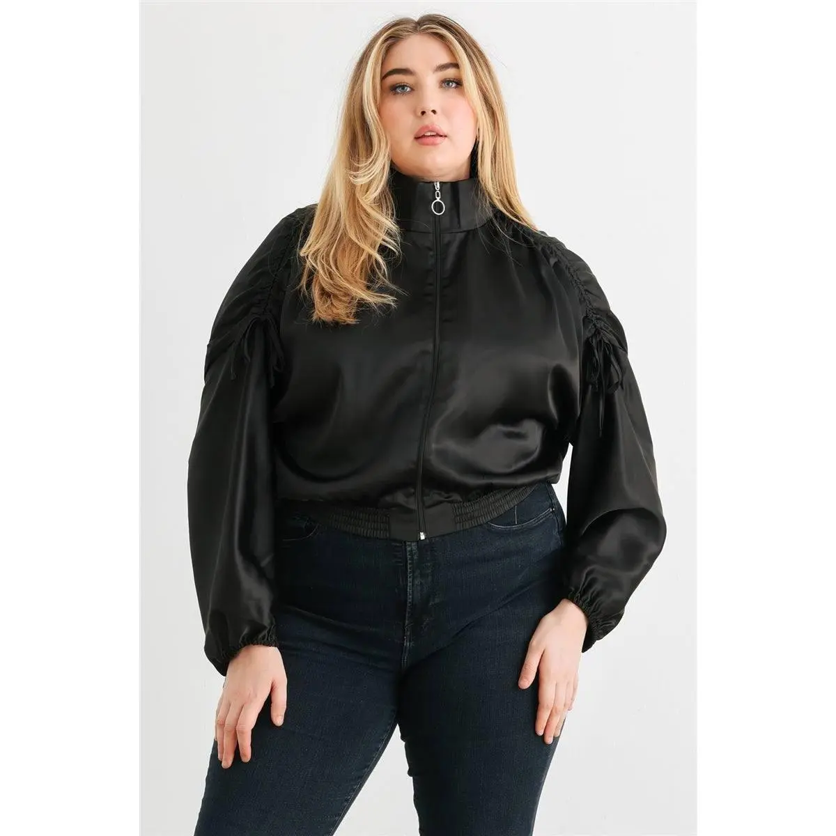 Plus Satin Zip-up Ruched Long Sleeve Cropped Bomber Jacket