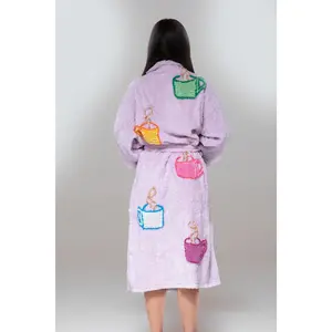 Coffee Talk Chenille Luxury Bathrobe in Lilac for Men 2025 Hand-Tufted Cotton Robe with Embroidered Coffee Cups for Comfort and Style Classic Menswear
