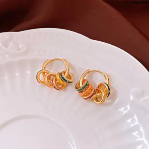 Rainbow Enamel Multi-Ring Hoop Earrings, Gold Plated Colorful Layered Hoops