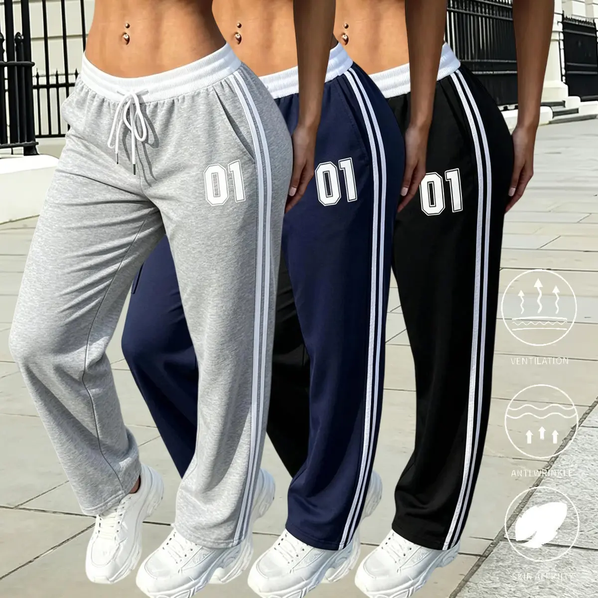 3-pack solid-color yoga pants for fitness—fashionable casual athletic long pants for women; elastic-waist jogging pants with pockets suitable for sports and leisure, ideal for outdoor wear in all seasons.