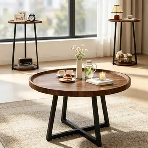 Coffee Table Set Of 3, Vintage Round Wood Coffee Table & 2 End Tables, 3 Pcs Living Room Table Set With Metal Legs For Office, Living Room