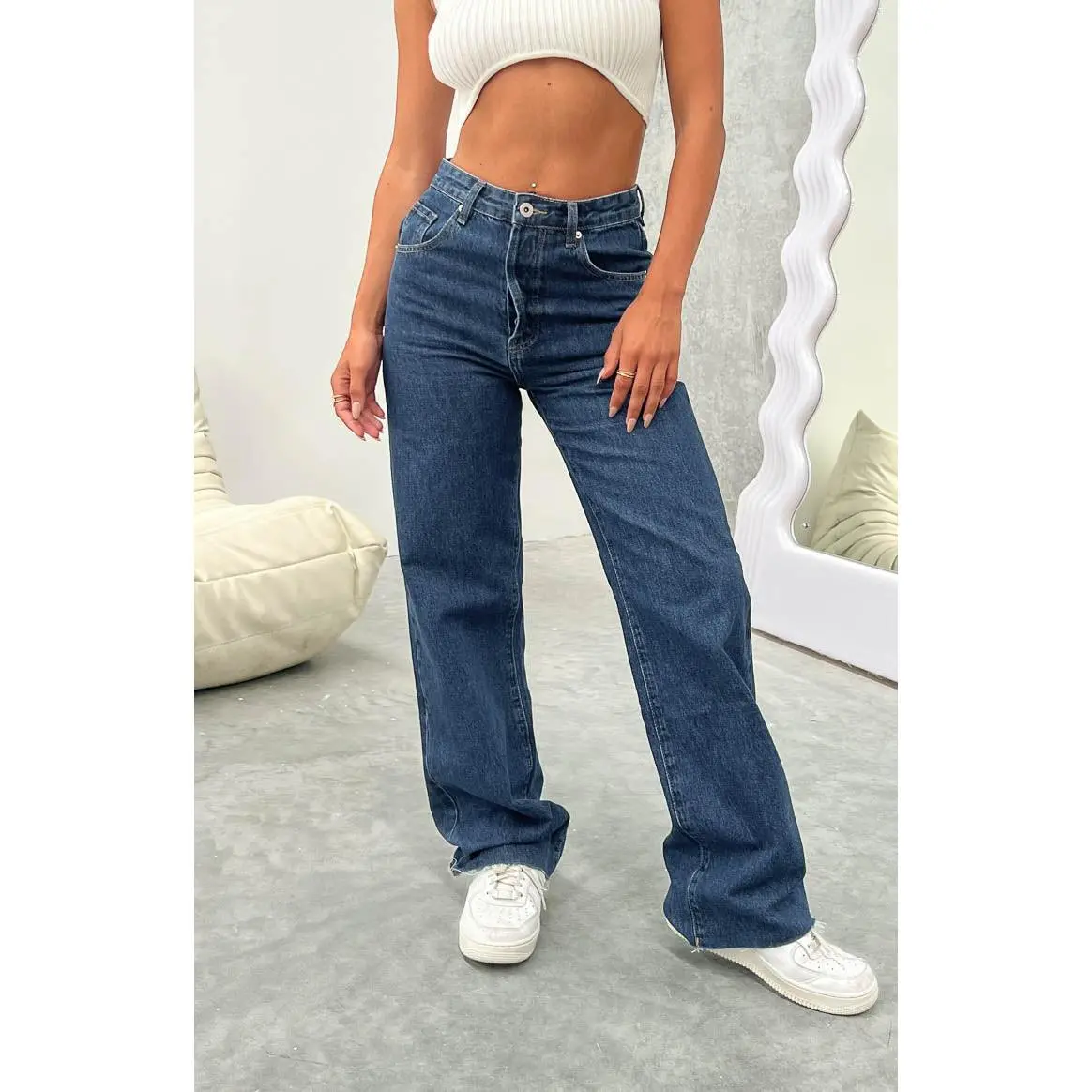 Beginning Boutique Women's Dark Blue Rigid Denim Jeans, Mid Rise Straight Leg Fit with Ripped Cuffs, Belt Loops, Pockets & Button Closure, Fabric, Bottom, Dark Blue Jeans, Straight Fit Jeans
