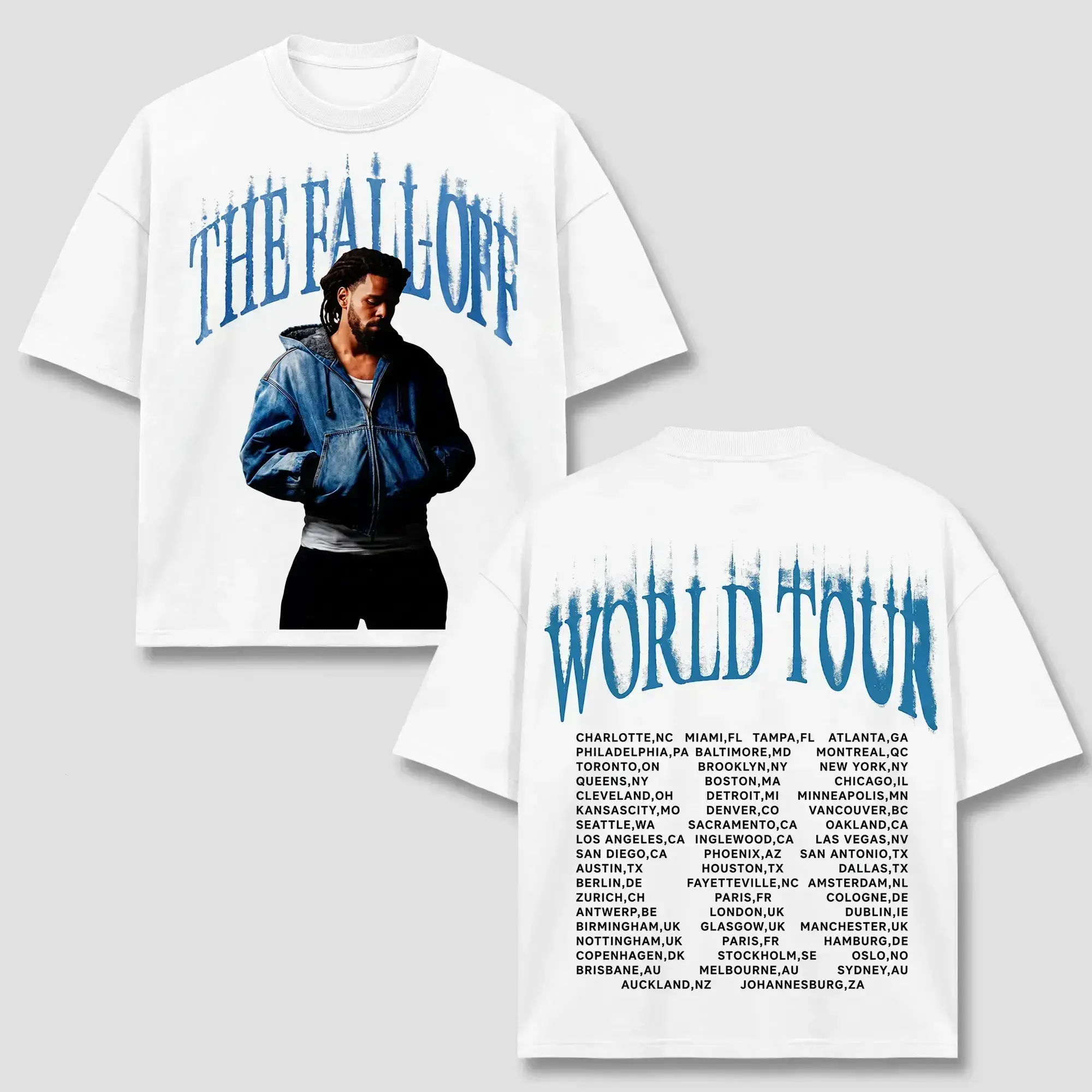[FREE SHIP] J. Cole T-Shirt, J Cole World The Fall Off World Tour Merch, Hip Hop Rap Concert Tee, Blue Dripping Text Graphic, Global Stadium Dates List, Dreamville Aesthetic White Tee, Heavyweight Vintage Cotton Top
