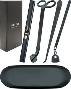 YOUTUOY 5 in1 Candle Accessory Set with Rechargeable Candle Lighter Candle Wick Trimmer Candle Wick Snuffer Candle Wick Dipper Storage Tray Plate Candle Care Kit (Matte Black)