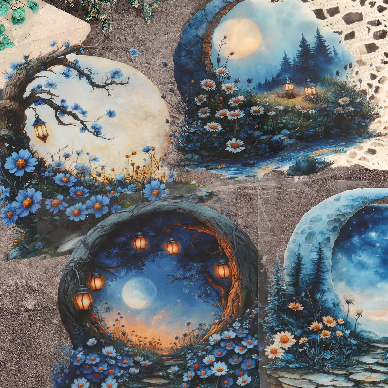 10sheets PET Nature Moon Nighttime Scenery Large Size Self-adhesive Scrapbook Sticker Packs, Decorative Stickers, Scenes Stickers, Landscape Creation Decals for Scrapbooking Supplies, Collage Decoration