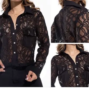 Women's W71-247 Colombian Lace Button-Down Blouse Top - Chic, Elegant Sheer Fabric, Functional Pocket, Ideal for Pairing with Loved Jeans and Pants