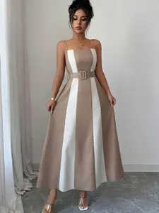 Women's Colorblock A-Line Midi Dress | Spaghetti Strap Button Decor | Summer Vacation Office Wear