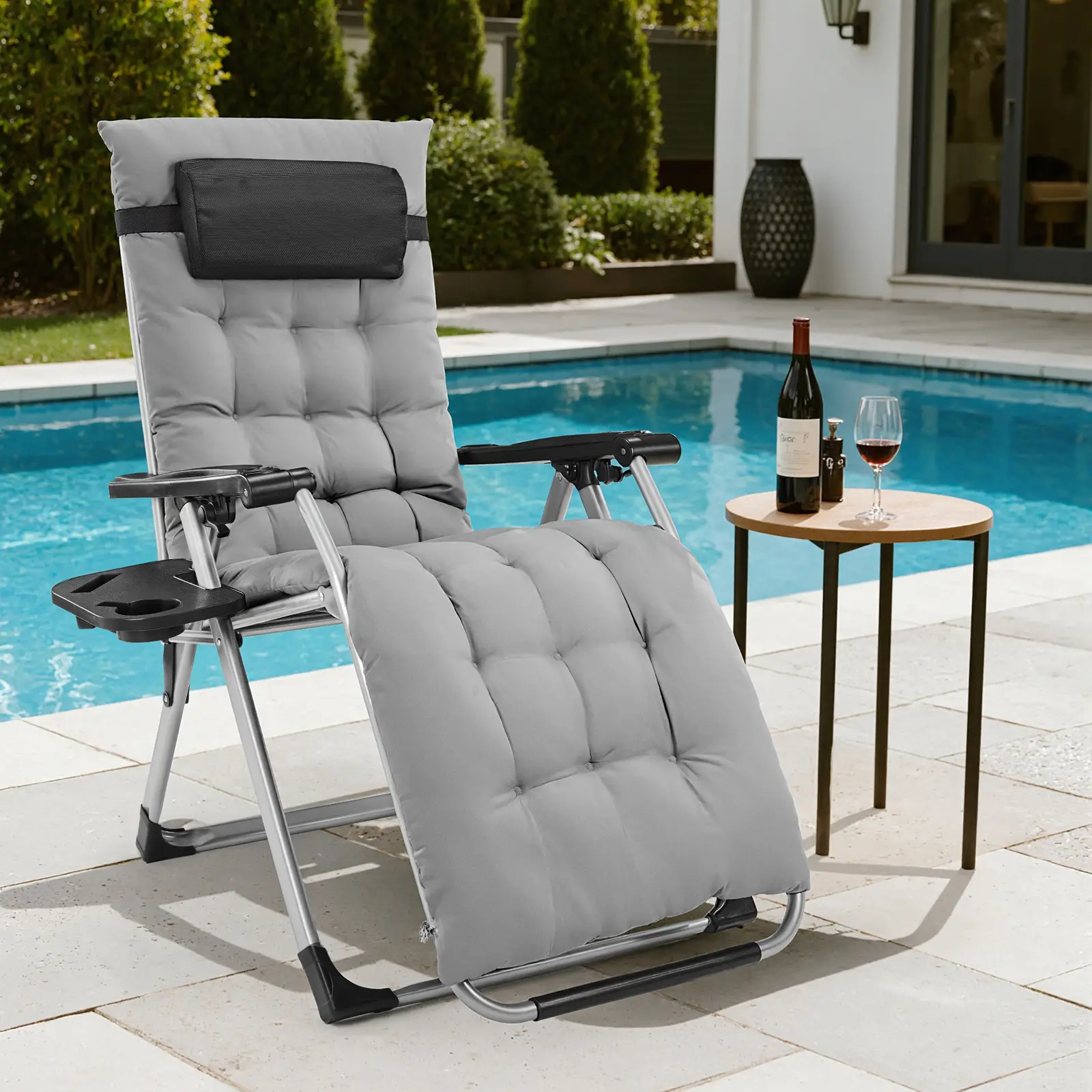 Zero Gravity Chair, Reclining Camping Lounge Chair, Reclining Patio Chairs with Cup Holder Trays and Removable Cushion, Folding Recliner for Indoor an