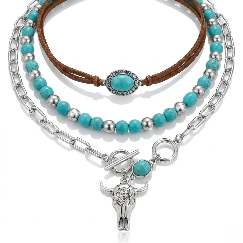 Women's Vintage Beaded Cow Head Pendant Necklace - Boho, Ethnic-Inspired, Faux Horn, Hippie Style, Rustic Turquoise Costume Jewelry, Statement Piece for Party & Daily Wear, Birthday Gift, Boho Necklaces, Ethnic-Inspired Necklaces