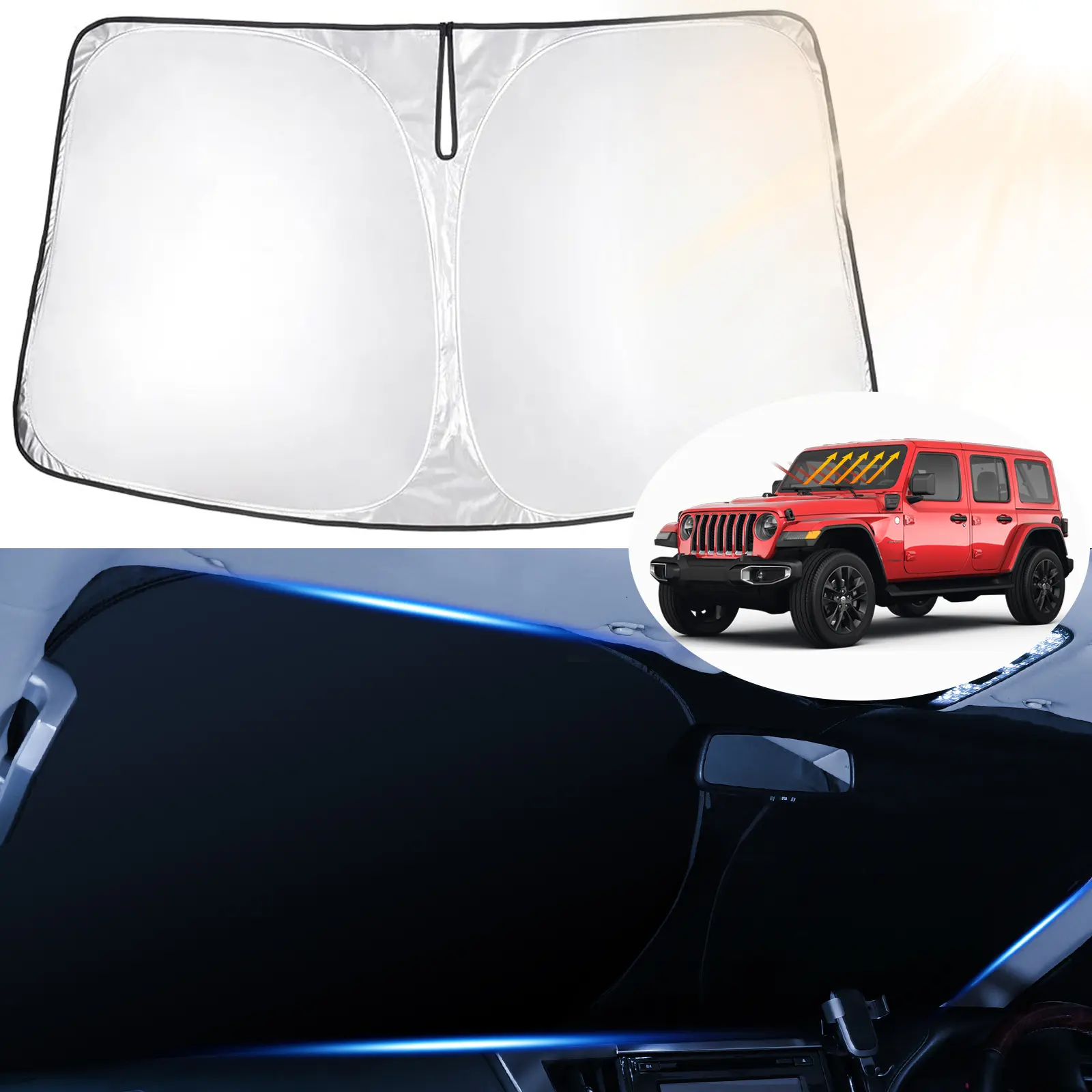 Canvcle Windshield Sun Shade for 2018-2024 2025 2026 Jeep Wrangler JL & 2/4 Door 4XE &2020-2026 Jeep Gladiator JT Front Window Accessories Sun Shade Sun Protector Foldable Block Sun UV Rays