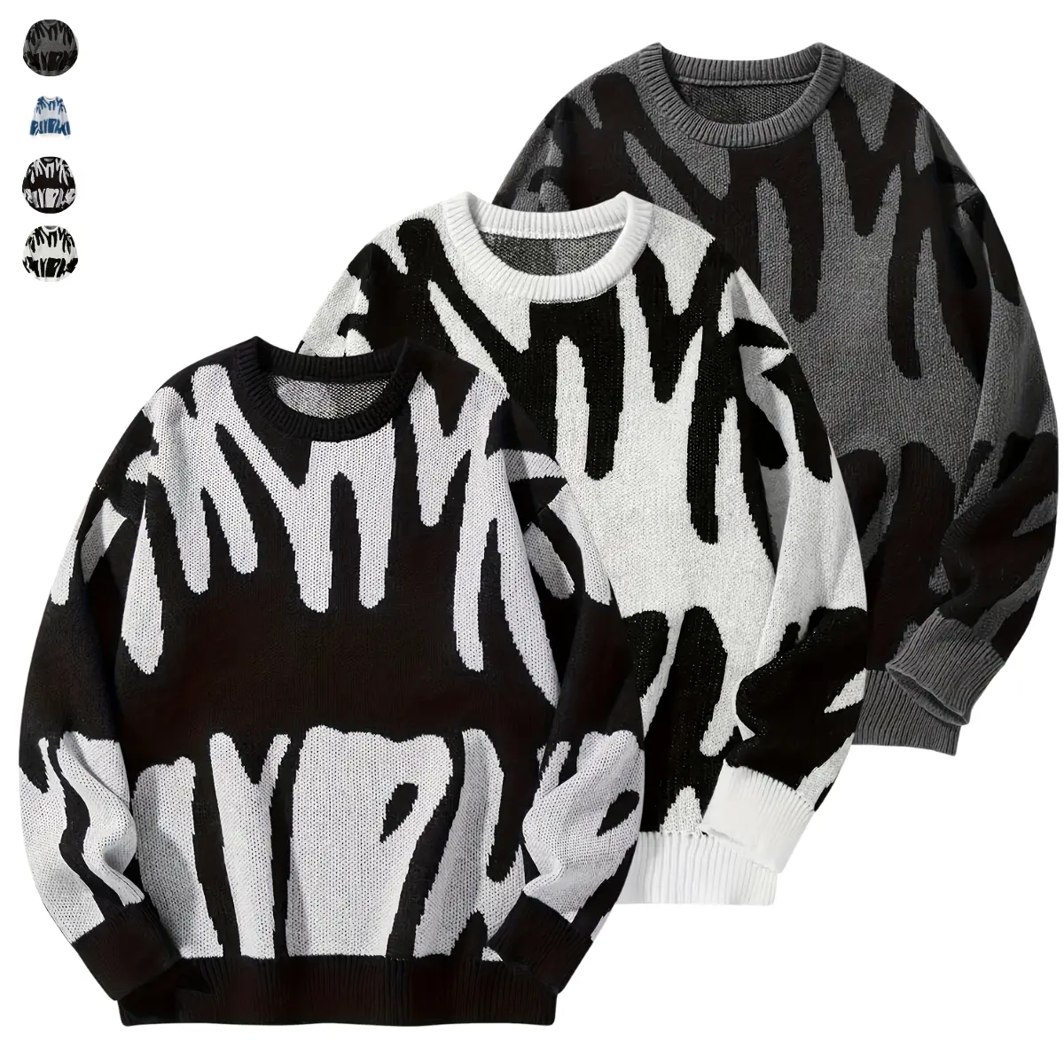 Casual crew neck knit sweater for men - blue and gray abstract pattern with contrast trim Casual crew neck knit sweater for men - blue and gray abstract pattern with contrast trim