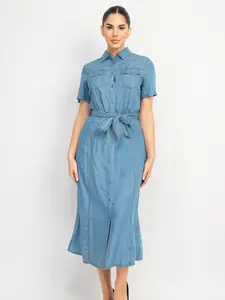 Women's Collared Button Waist Tie Denim Dress