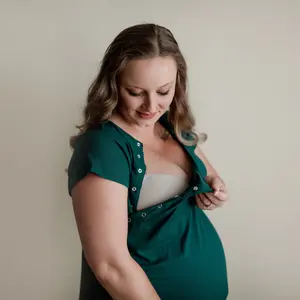 Three Little Tots Ribbed Forest Green Labor and Delivery Nursing Hospital Gown - Stretchy, Breathable, and Soft