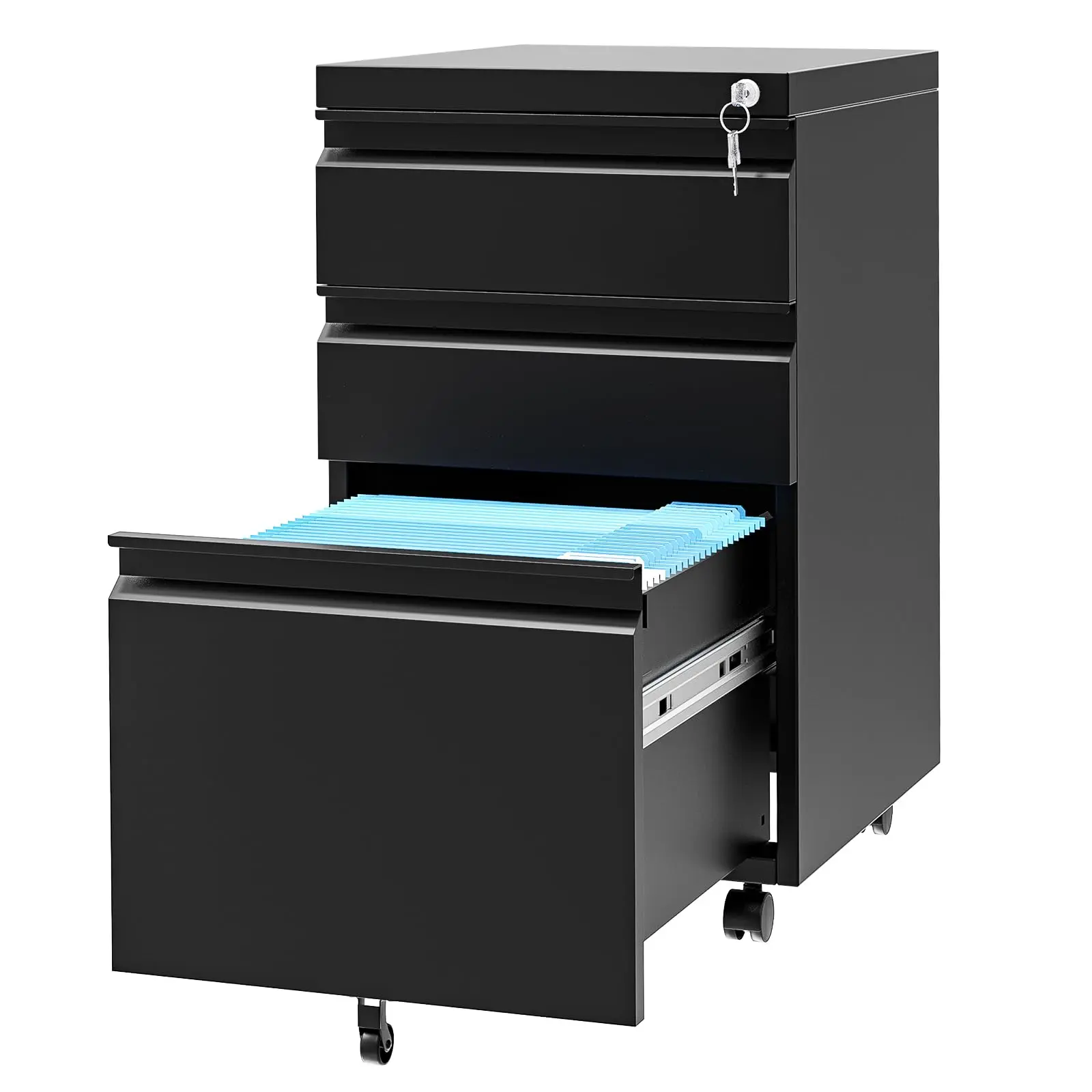 3-Drawer Mobile File Cabinet with Lock, Under Desk Metal Lateral Filing Cabinet for Letter/Legal/A4 Documents, Secure Office Storage Organizer with Adjustable Shelf & 2 Keys, Rolling Space-Saving Metal Cabinet, Easy Assembly, Matte Black