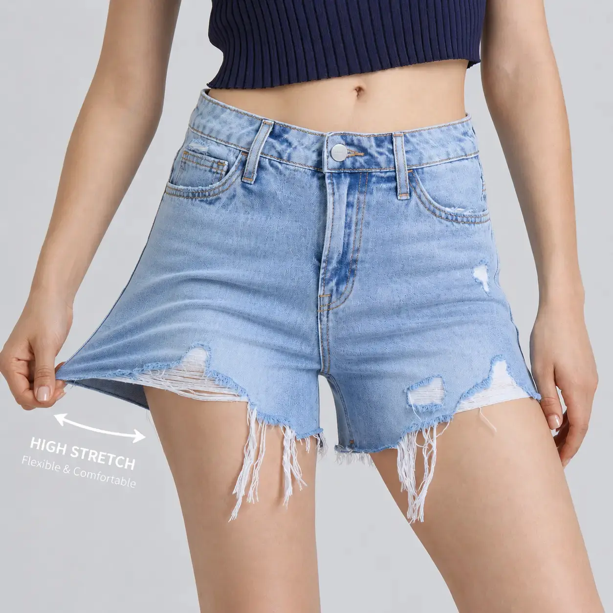 Women's High Waist Stretchy Denim Shorts - Cotton Blend with Spandex, Zipper, Tummy Control, Raw Hem, Ripped Design, Drifter Rolled Hem, Summer Bottoms, Fit, Comfortable