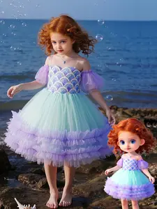 Girls Mermaid Princess Dress, Lavender Sequin Mesh Bubble Sleeve Elegant Dress, Fish Scale Beads Decoration, Back Zipper Design, Fantasy Dresses