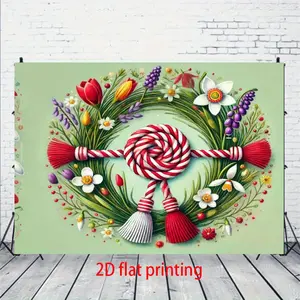 2D Flat, 1pc Martisor Spring Theme Banner - Romanian Folk Art Inspired Wreath with Tulips, Daffodils & Martisor Flower - Vinyl Fabric Backdrop for Easter, Spring Parties, Weddings, Showers - Red & White Striped Decoration (Easy to Hang, 2D Flat