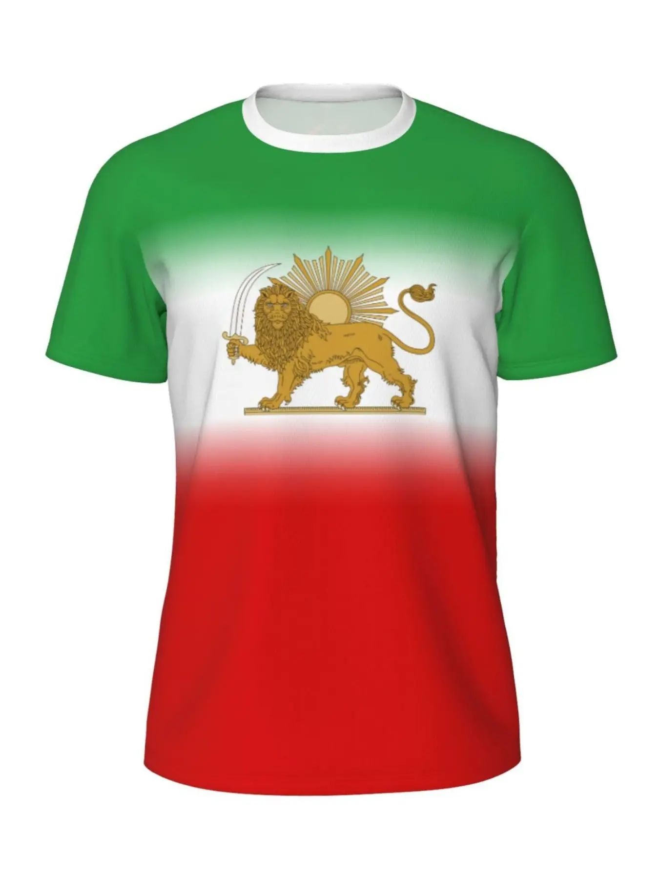 Women's Jersey Mesh T-Shirt, Iran Lion & Sun Flag Gradient Design, Short Sleeve Fitted Top, All-Season Wear, Ideal for Casual, Fitness, Fitness Workout Shirt