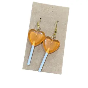 Handmade Orange Heart Lollipop Earrings - Perfect for Candy Lovers -
