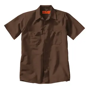 Men's Casual Shortleeve Cotton-Polyester Button-Down Industrial Work Shirt - Plain, Breathable Fabric Work Top with Pocket, Brown Menswear Top, Shortsleeve
